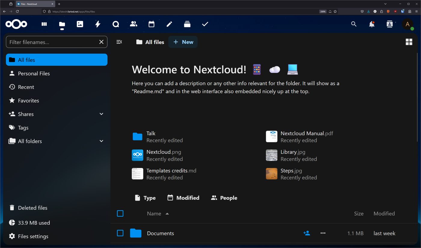 Nextcloud file browser running on the hardened Ubuntu EC2 host