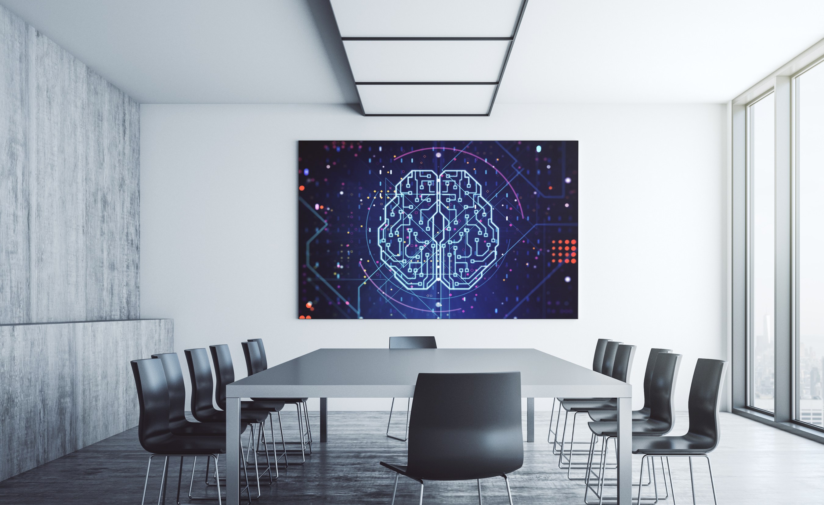 Meeting room display showing a digital circuit brain graphic