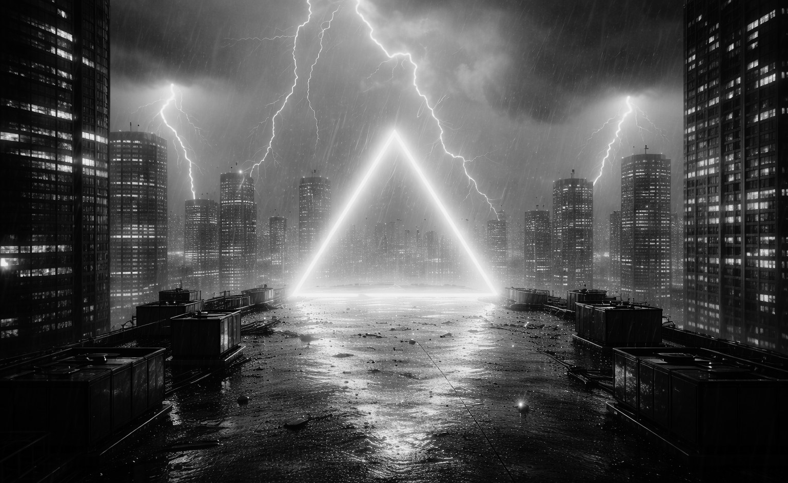 Dark city skyline with lightning and a glowing triangle motif
